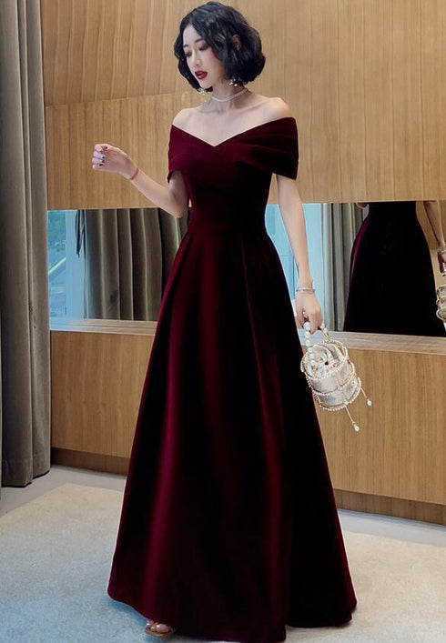 Elegant Burgundy Off Shoulder Sweetheart Velvet Party Dress, A-line Long Formal Dress Prom Dress