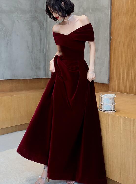 Elegant Off-the-Shoulder Pleated Velvet Wine Maxi Evening Dress With Slit