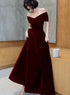 Charming Wine Red Velvet Off Shoulder Long Party Dress, A-line Prom Dress