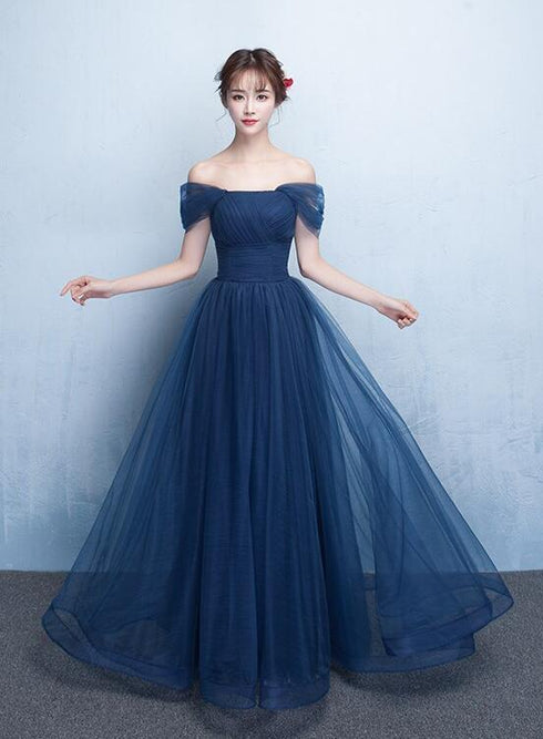 Navy Blue Off Shoulder Princess Long Party Dress, A-line Junior Prom Dress