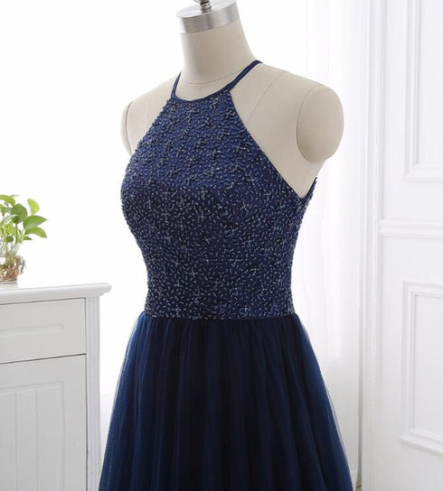 Elegant Navy Blue Halter Beaded Long Evening Dress, Beautiful Prom Dress