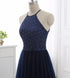 Elegant Navy Blue Halter Beaded Long Evening Dress, Beautiful Prom Dress