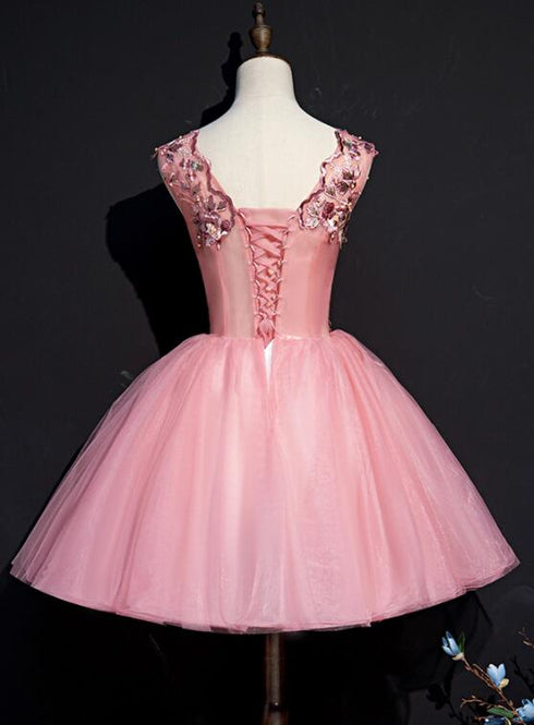 Beautiful Pink Tulle Flowers Homecoming Dress, Short Pink Teen Formal Dress