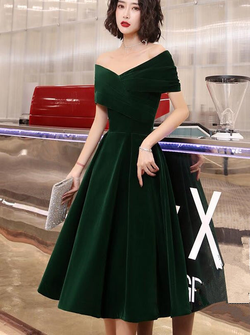 Green Velvet Off Shoulder A-line Bridesmaid Dress, Tea Length Party Dress