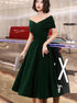 Green Velvet Off Shoulder A-line Bridesmaid Dress, Tea Length Party Dress