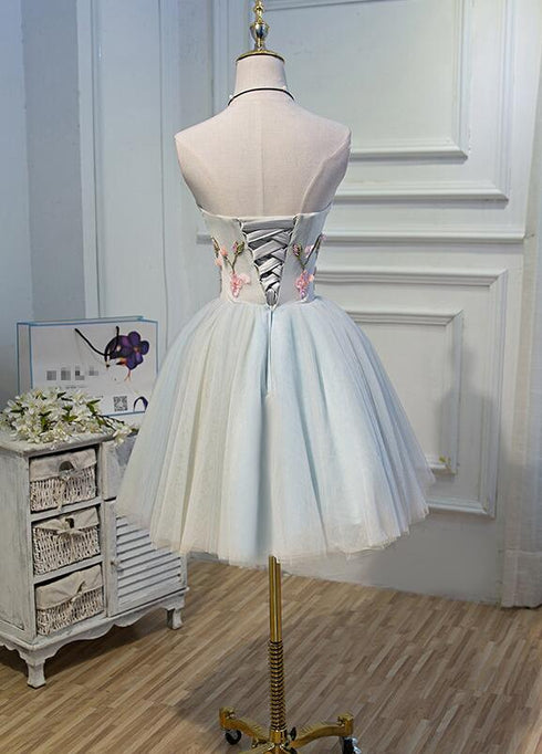 Light Blue Tulle Floral Short Sweetheart Homecoming Dress, Blue Prom Dress
