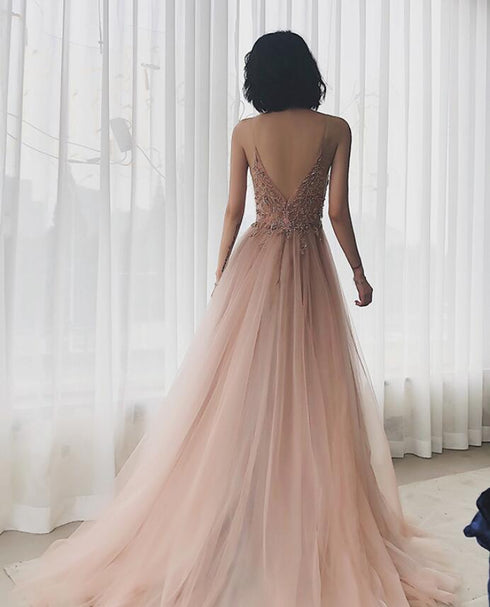 V-neckline Pink Beaded Tulle High Slit Straps Formal Dress, Pink Tulle Party Dress Prom Dress