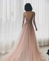 V-neckline Pink Beaded Tulle High Slit Straps Formal Dress, Pink Tulle Party Dress Prom Dress