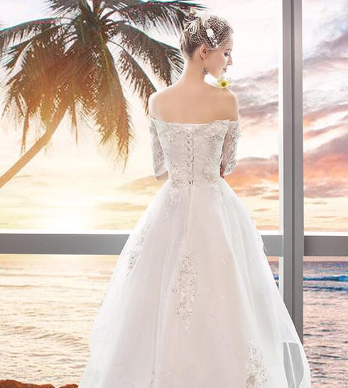 White Off Shoulder High Low Tulle Party Dress, Tulle with Lace Applique Graduation Dress Party Dress