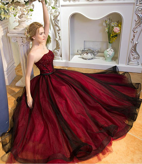 Red and Black Scoop Tulle Long Party Dress with Beadings, Long Tulle A-line Formal Dress