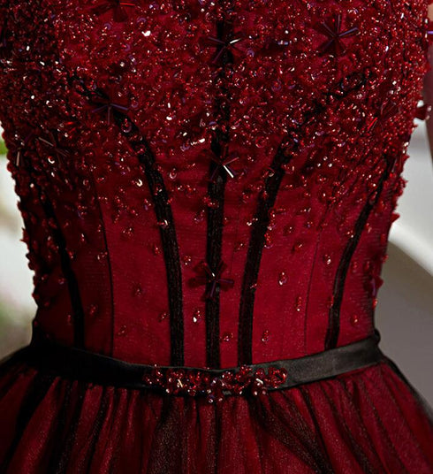 Red and Black Scoop Tulle Long Party Dress with Beadings, Long Tulle A-line Formal Dress