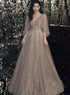 Sexy Champagne Tulle V Back Long Evening Dress Party Dress, Long Prom Dress