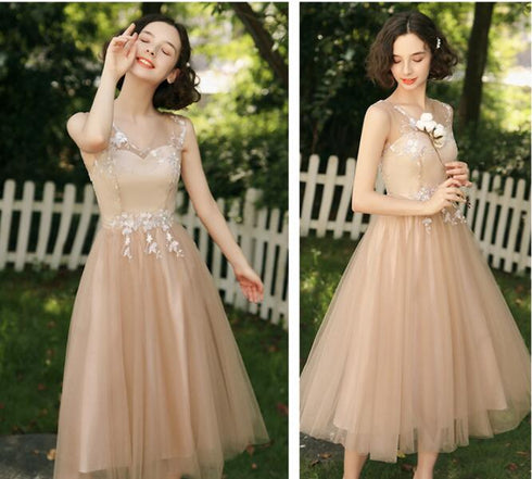Lovely Champagne Tea Length Tulle with Lace Bridesmaid Dress, Cute Homecoming Dress Prom Dress
