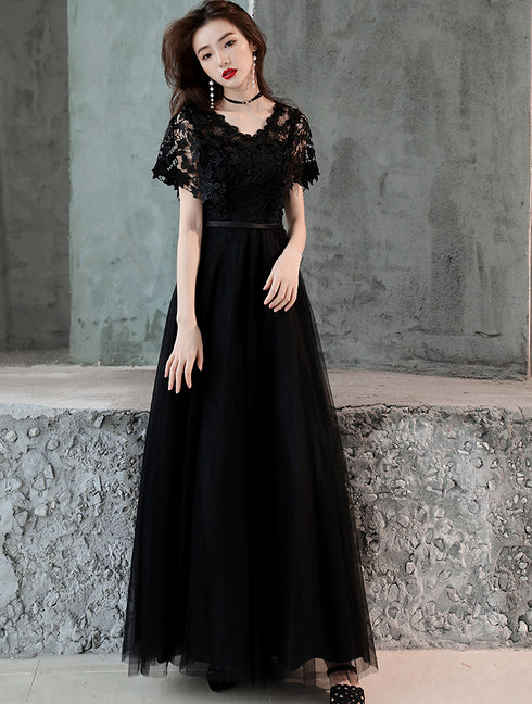 Black Lace and Tulle Long A-line Simple Evening Dress, Black Formal Dress Prom Dress