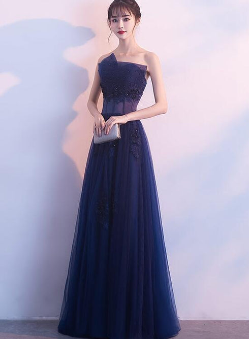 Navy Blue Tulle Long Party Dress with Lace and Beaded ,A-line Blue Prom Dress Formal Dress