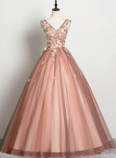 Beautiful V-neckline Tulle Ball Gown Pink Sweet 16 Dresses, Ball Gown Lace Applique Quinceanera Dress
