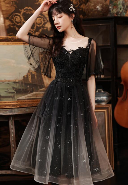 Black Tulle Gradient Short Sleeves Party Dress with Lace, Short Prom Dresses