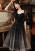 Black Tulle Gradient Short Sleeves Party Dress with Lace, Short Prom Dresses