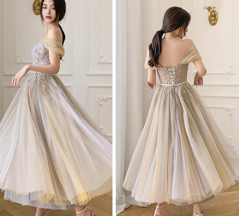 Off Shoulder Sweetheart Tea Length Party Dresses, Short Prom Dress with Lace