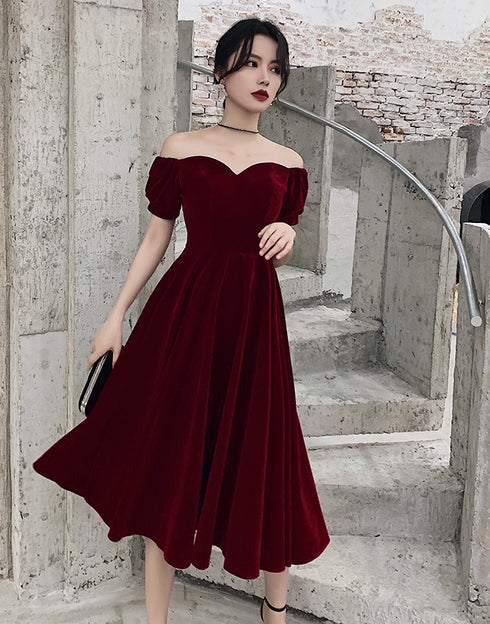 Lovely Wine Red Short Sleeves Velvet Homecoming Dress, Burgundy Prom Dress Formal Dress