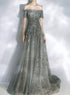 Beautiful Tulle Off Shoulder Prom Dress Lace-up Evening Dress Gown, Grey Prom Dresses