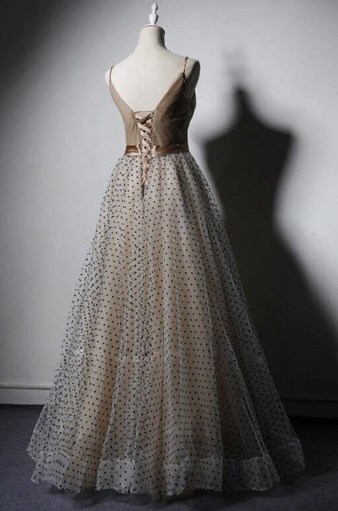 Champagne V-neckline Straps Long Party Dress Prom Dress, A-line Tulle Evening Dresses