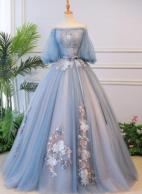 Beautiful Blue Tulle Off Shoulder with Lace Floral Long Party Dress, Cute Party Dress Prom Dress