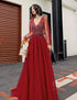 Wine Red Long Sleeves Beaded Low Back Tulle Prom Dress, Wine Red Formal Dresses