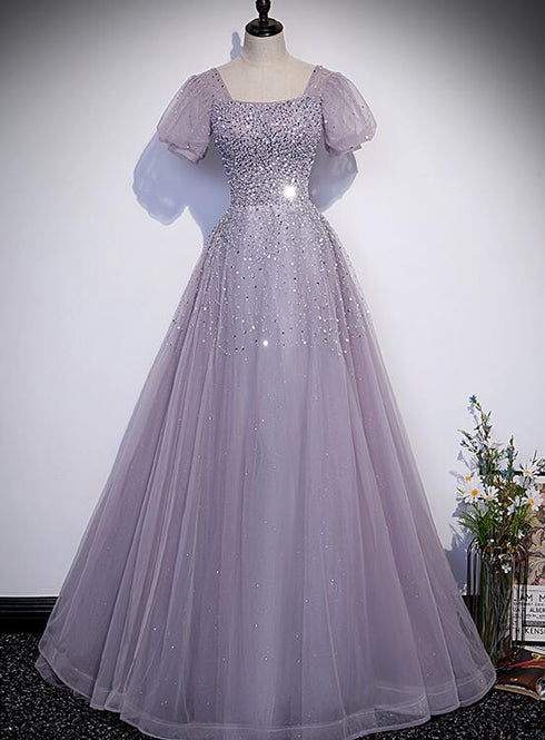 Beautiful Light Purple Sequins Short Sleeves Party Dress, Purple Formal Dresses