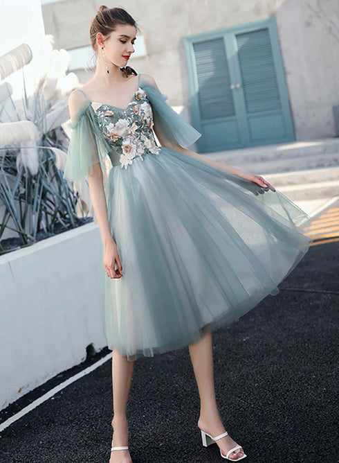 Green Tulle V-neckline Floral Tulle Knee Length Party Dress, Green Homecoming Dress
