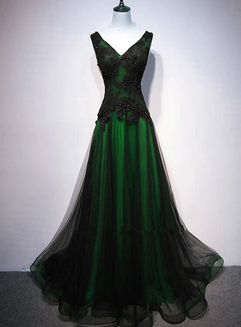 Chaming Black and Green Tulle V-neckline Long Party Dress, Beautiful V-neckline Prom Dresses
