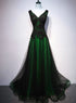 Chaming Black and Green Tulle V-neckline Long Party Dress, Beautiful V-neckline Prom Dresses