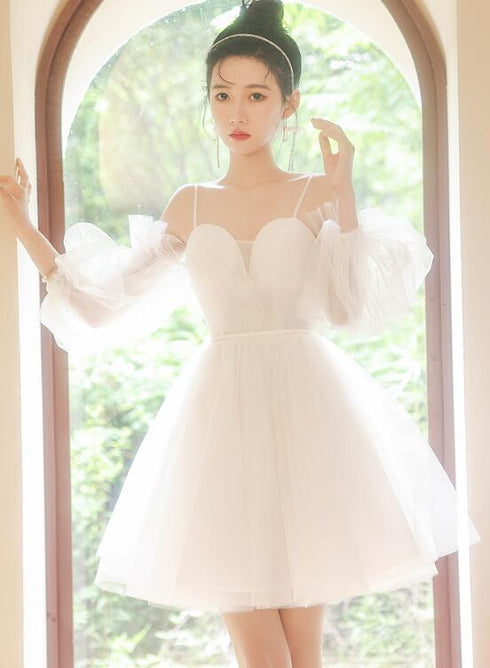 White Tulle Short Sleeves Homecoming Dress, White Party Dress Graduation Dresses