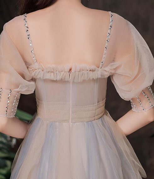 Cute Short Sleeves Layers Tulle Long Party Dress, A-line Prom Dresses