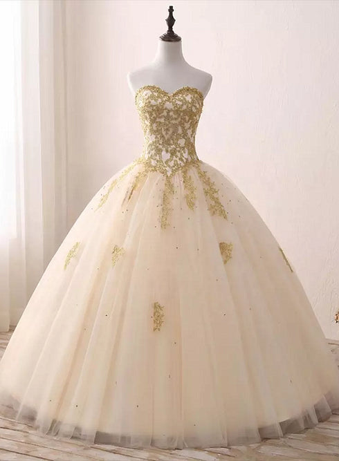 Beautiful Light Champagne Ball Gown Party Dress, Sweet 16 dress with Gold Applique