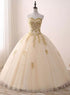 Beautiful Light Champagne Ball Gown Party Dress, Sweet 16 dress with Gold Applique
