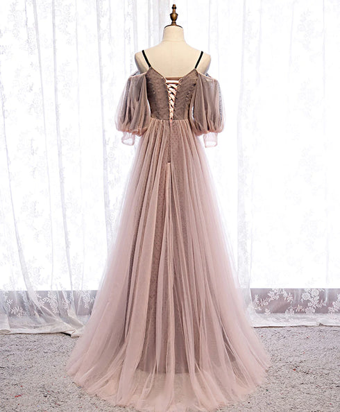 Long Sleeves Pink Tulle Long Party Dress with Lace, Pink Floor Length Prom Dress
