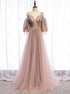 Long Sleeves Pink Tulle Long Party Dress with Lace, Pink Floor Length Prom Dress