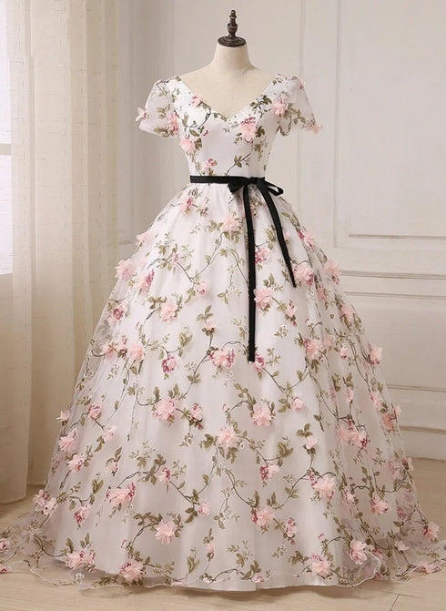 Beautiful Flowers Ball Gown Long Party Dress, Short Sleeves Prom Dress