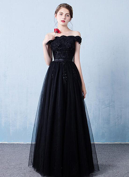 Black Off the Shoulder Tulle A-line Prom Dress, New Formal Gown