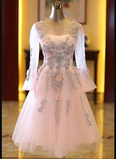 Adorable Pink Tulle Knee Length Long Sleeves Party Dress, Pink Homecoming Dress