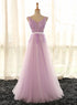 Light Purple V-neckline Long Formal Dress, Tulle Lace Applique Bridesmaid Dress