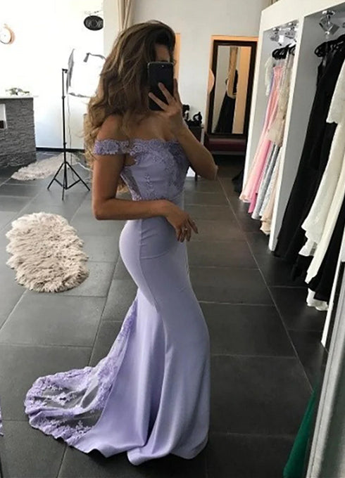 Lavender Lace Spandex Mermaid Prom Dresses, Purple Lace Bridesmaid Dresses Evening Dress