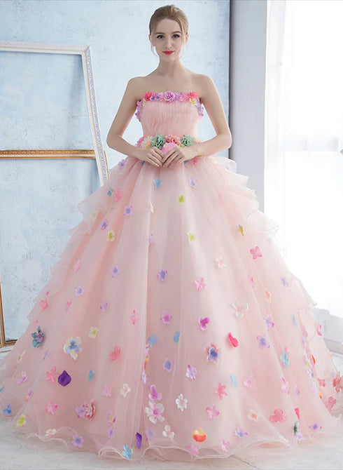 Pink Flowers Organza Ball Gown Sweet 16 Party Dress, Light Pink Formal Dress Party Dress