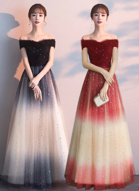 Beautiful Gradient Tulle Sequins Off Shoulder Wedding Party Dresses, A-line Tulle Formal Gown