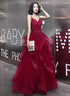 Wine Red Lace Applique V-neckline Long Straps Formal Dress, Dark Red Prom Dresses