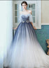 Charming Blue Gradient Straps Long Junior Prom Dress, Blue Formal Gown Evening Dresses