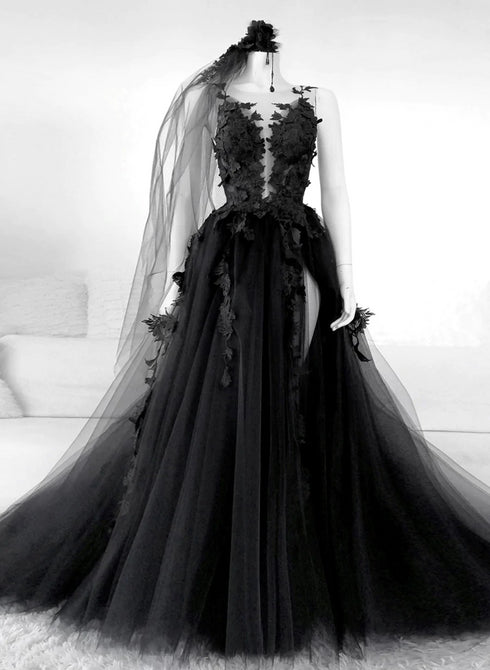 Black V-neckline Backless Tulle with Lace Party Dress, Black Long Prom Dress
