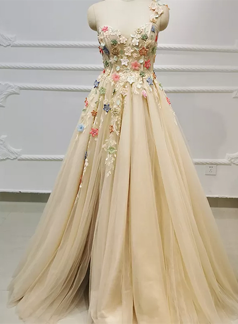 Light Champagne Tulle with Flowers Long Evening Dress, A-line Tulle Formal Dress