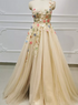 Light Champagne Tulle with Flowers Long Evening Dress, A-line Tulle Formal Dress